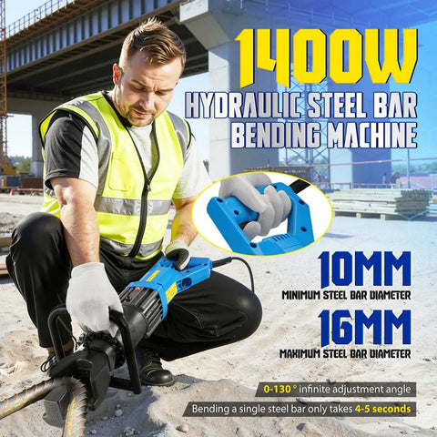 A worker using a Heavy Duty Hydraulic Rebar Bender 110V 1400W Electric Bender Machine With Stepless Angle Adjustment on-site.