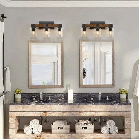 Farmhouse Vanity Light Fixture 3-Light Wall Sconce For Bathroom Over Mirror With Clear Glass Shades, Rustic Vintage Wood