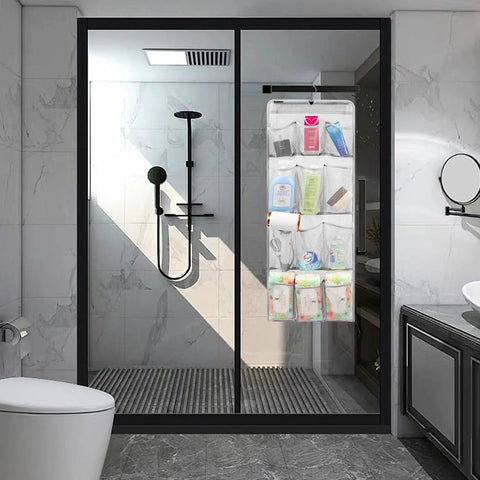 Mesh Shower Organizer Hanging Caddy With Rotating Hanger for quick dry bathroom storage and 12 pockets visible in shower.