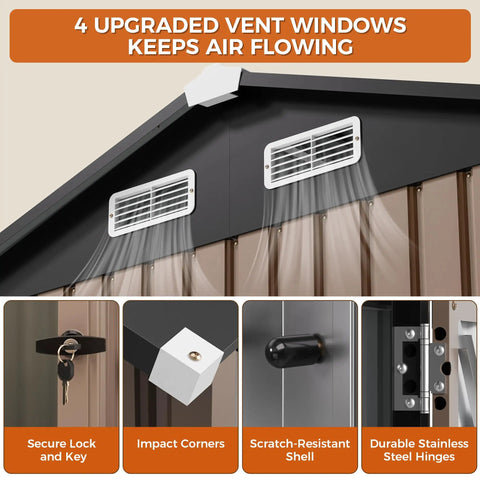 8x6Ft Outdoor Storage Shed With Clear Windows, Lockable Doors, Breathable Vent, And Metal Garden Tool Shed vent system