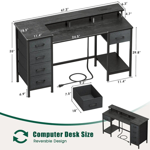 47 Inch Gaming Desk With Power Outlets And LED Lights Reversible Computer Desk With Five Fabric Storage Drawers Monitor Stand For Home Office And Study Setup Vibe Black dimensions diagram