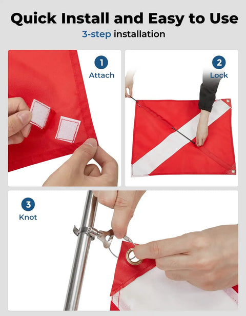 Installation steps for Dive Flag For Boat With Removable Stiffening Pole 20x24 Diver Down Flag With Double Stitching High Visibility Red And White.
