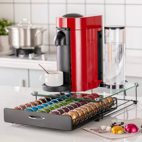 VertuoLine Capsule Drawer Organizer With Glass Front Holds 50 Pods In Five Rows Of Ten Perfect For Counter Or Cabinet Storage Easy Load And Unload With Handle Secure And Durable Kitchen Accessory under coffee maker on kitchen counter