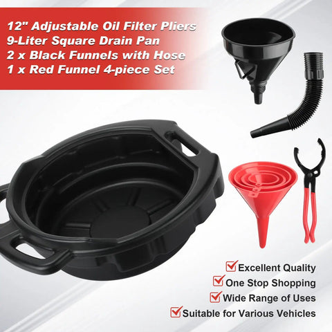 8 Piece Auto Oil Change Kit With 4 Wide Mouth Flexible Funnels With Handles 2 Large Plastic Funnels And Adjustable Oil Filter Wrenches Plus Drain Pan For Cars And Motorcycles including 12-inch pliers and square drain pan.