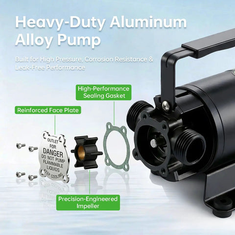Portable 12V Water Transfer Pump 330 GPH Self Priming Electric Sump Pump With Suction Hose Attachment Workhorse components shown