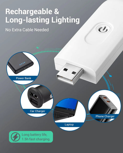 Clip On Rechargeable Book Light For Late Night Reading With Amber And Warm White Glow, showing USB charging compatibility