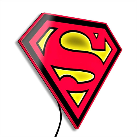 Superman Table Lamp And Night Light With Luminescent Halo featuring a bold red and yellow 3D S Shield Crest Wall Light Mountable