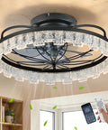 Yunstore Glowlings Rustic Flower Caged Ceiling Fan with Light (Matte Black) showing geometric acrylic and metal design.