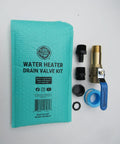 Three Quarters Inch Full Port Water Heater Drain Valve Kit With Fast Flush Upgrade components displayed with blue pouch