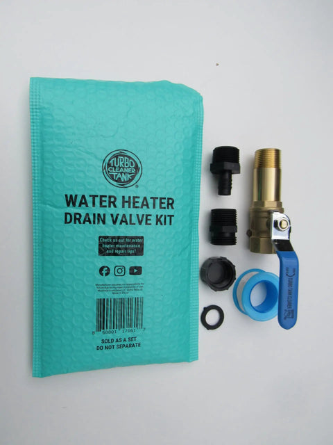 Three Quarters Inch Full Port Water Heater Drain Valve Kit With Fast Flush Upgrade components displayed with blue pouch