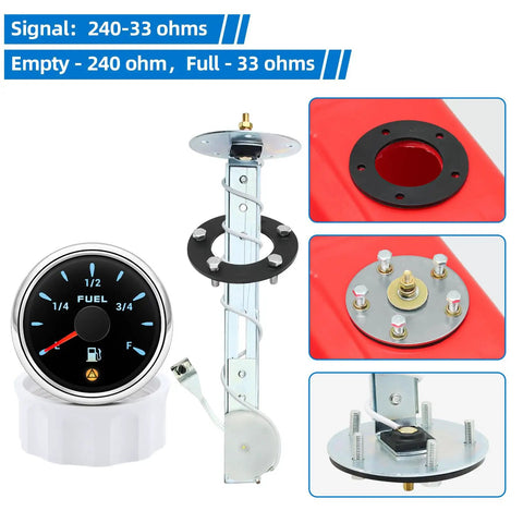 240-33 Ohm Fuel Sending Unit And Gauge Combo For 5 To 27 Inch Tanks, Waterproof Fuel Level Sender With 7 Color Backlight, Multi Signal Gauge For Boats, Marine, Trucks And Automotive Applications, shown with gauge and sender