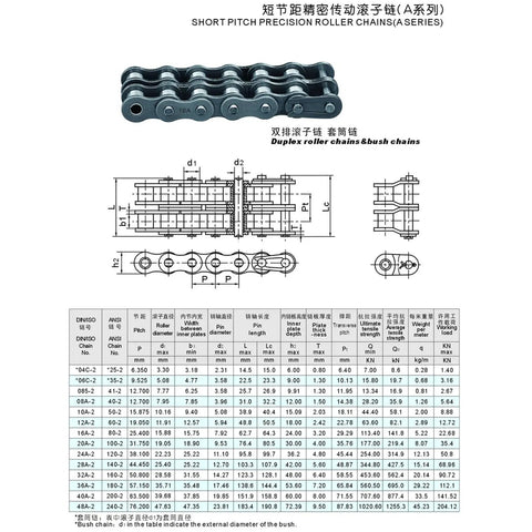 Top Grade 1.5M Duplex Roller Chain Industrial Drive System With Half Buckle. Includes specifications and diagram for precision roller chains.