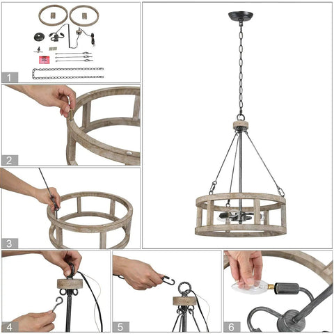 Farmhouse Wood Drum Chandelier For Dining Room And Kitchen Island Handcrafted Birch Light Fixture For Foyer With Warm Rustic Glow 15.5 Inch Diameter Ceiling Pendant Lighting installation steps collage