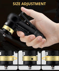 AMTOVL pneumatic chamfering tool, black body with gold adjustment dial, side view in hand; 1/4 in air inlet