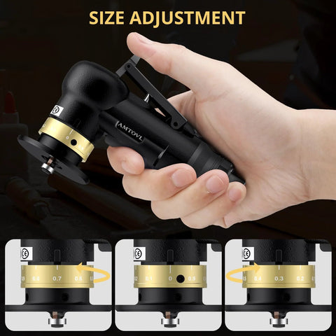 AMTOVL pneumatic chamfering tool, black body with gold adjustment dial, side view in hand; 1/4 in air inlet
