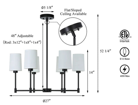 Diagram of a 6 Light Chandelier With Fabric Shade In Matte Black Finish Modern Pendant Lighting For Living Room And Dining Room