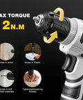 Close-up of 8V Cordless Drill showing max torque, suitable for wood, plastic, soft metal, and screws. Ideal for home repairs.