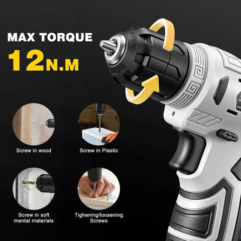 Close-up of 8V Cordless Drill showing max torque, suitable for wood, plastic, soft metal, and screws. Ideal for home repairs.
