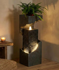 35.4 Inch Tall Indoor Outdoor Dope Waterfall Fountain With LED Lights, resin material, displayed indoors on wooden floor.