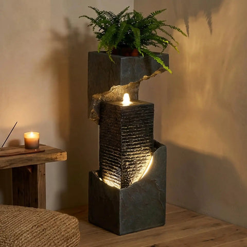 35.4 Inch Tall Indoor Outdoor Dope Waterfall Fountain With LED Lights, resin material, displayed indoors on wooden floor.