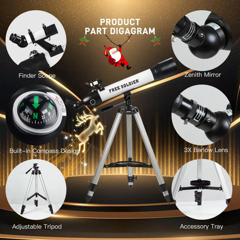 Product diagram showcasing Awesome Starter Friendly 90mm Refractor Telescope, AZ Mount, eyepieces, tripod, 3x Barlow lens, and compass.
