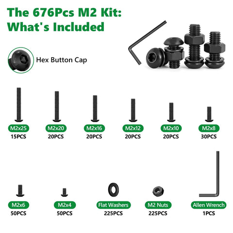 Heavy Duty M2 Screw Assortment Kit 676 Pieces 10.9 Grade Alloy Steel Hex Button Cap Bolts contents overview with sizes and quantities.