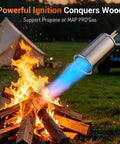 Heavy Duty Propane Weed Torch With 30 Inch Long Arm Flamethrower Tough As Nails Design igniting firewood outdoors.