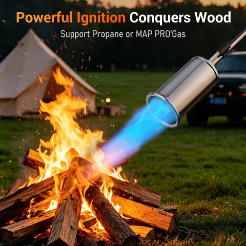 Heavy Duty Propane Weed Torch With 30 Inch Long Arm Flamethrower Tough As Nails Design igniting firewood outdoors.