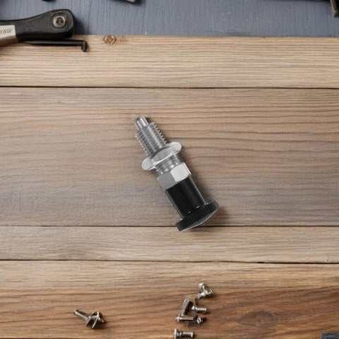 M10 Stainless Steel Reset Indexing Plunger Rock Solid Spring Locking Pin on wooden surface, showing detailed design for heavy duty use.