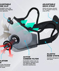 Silver And Black Upgrade M Plus Dust Mask Reusable Respirator With 6 Activated Carbon Filters close-up showing adjustable straps and filters