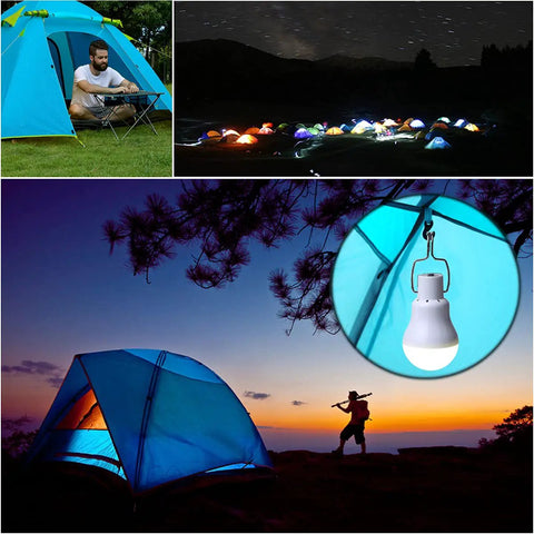 Camping setup with Portable Solar Light Bulb 350LM LED Lantern illuminating tents in various outdoor settings, pack of 2