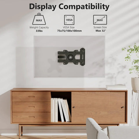 Full Motion Tv Wall Mount For 13 To 32 Inch Led Lcd Displays shown mounted, supporting up to 33 lbs with VESA 75x75 and 100x100 mm sizes.
