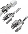 Pipe Threading Tool Set With One Half Inch And Three Quarter Inch Dies For Internal And External Threads Drill Powered Adapter For PVC And Plastic Pipes Must Have Home Repair Kit, showing steel dies and adapters.