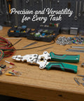 Heavy Duty Wire Stripper With Digital Display And Built In Voltage Tester on workbench surrounded by tools and wires.