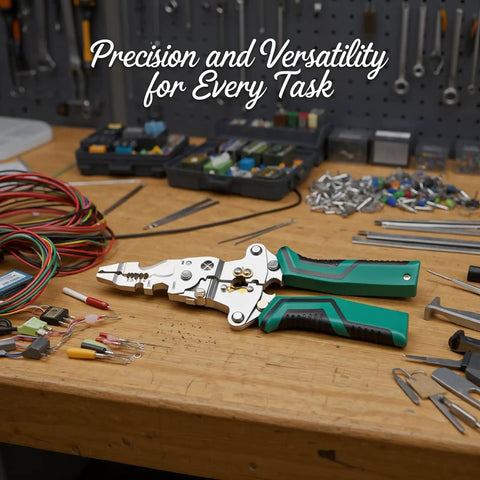 Heavy Duty Wire Stripper With Digital Display And Built In Voltage Tester on workbench surrounded by tools and wires.