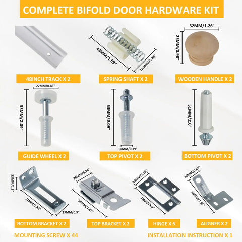 Complete Bifold Door Hardware Kit with components including tracks, spring shaft, guide wheels, pivots, brackets, handles, and instructions.