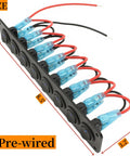 8 Gang Round Rocker Switch Panel With LED Indicator For 12V To 24V DC Aluminum Waterproof Panel Box 20 Amp 3 Pin On Off Marine Boat RV ATV UTV Switches Blue LED Light Prewired And Ready To Roll For Cars Trucks And More, showing prewired blue connectors and size details in inches.