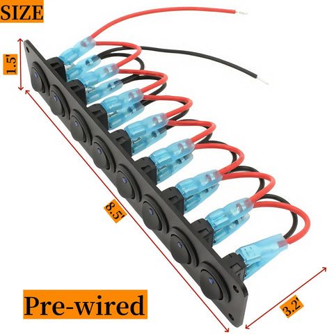 8 Gang Round Rocker Switch Panel With LED Indicator For 12V To 24V DC Aluminum Waterproof Panel Box 20 Amp 3 Pin On Off Marine Boat RV ATV UTV Switches Blue LED Light Prewired And Ready To Roll For Cars Trucks And More, showing prewired blue connectors and size details in inches.