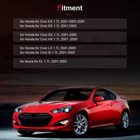 1.7L Timing Belt Kit With Water Pump For Honda Civic 2001-2005 fitment details and red sports car at sunset