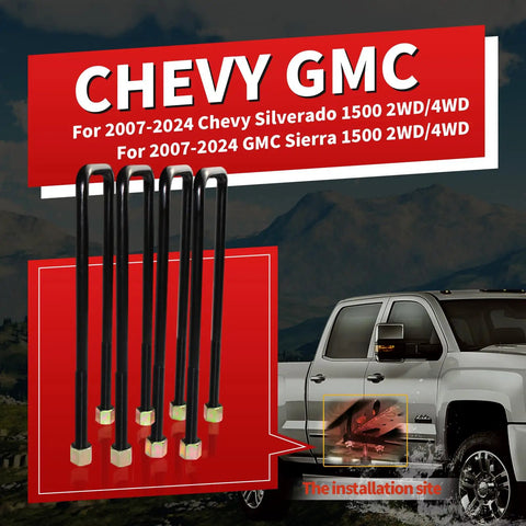 Chevy Silverado 1500 And GMC Sierra 1500 3.5 Inch Front Strut Spacers And 3 Inch Rear Leveling Lift Kit Black Compatible 2007 To 2024 2WD 4WD Easy Install Premium T6 Aluminum Build For Rugged Ride image showcasing u-bolts and installation site.
