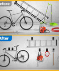 Before and after image using Two Pack Heavy Duty 10 Inch Two Tier Garage Hooks Wall Mount Organizer For Shed And Workshop Storage