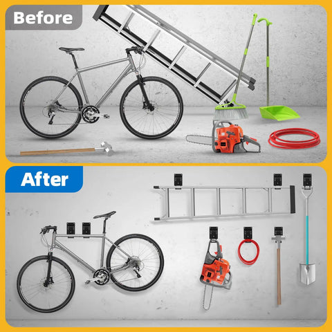 Before and after organizing with Six Pack 10 Inch Heavy Duty Two Tier Garage Hooks Wall Mount Storage Organizer