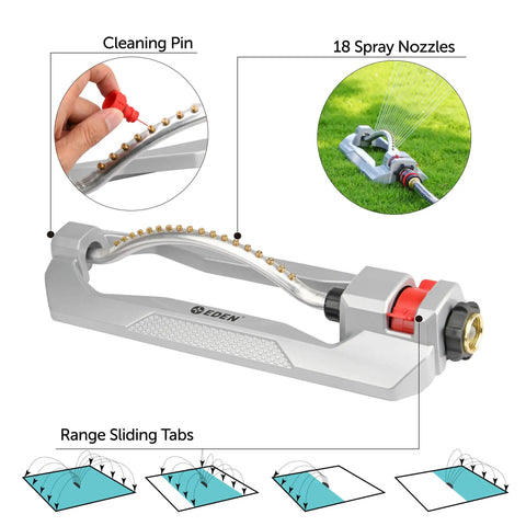 Heavy Duty Turbo Oscillating Sprinkler With 18 Brass Nozzles, Covers Up To 3,700 Sq Ft, Adjustable Spray Range, Weighted Aluminum Base