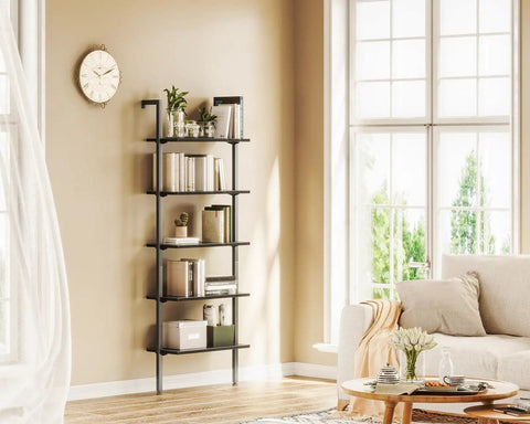Game Changer 5 Tier Ladder Shelf With Heavy Duty Metal Frame Total Space Saver Bookcase Wall Mounted Organizer Rack For Living Room Easy Assemble In Matte Black 74 Inches High