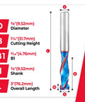 3/8 Inch Shank CNC Solid Carbide Spektra Extreme Tool Life Coated Mortise Compression Router Bit, multiple dimensions labeled