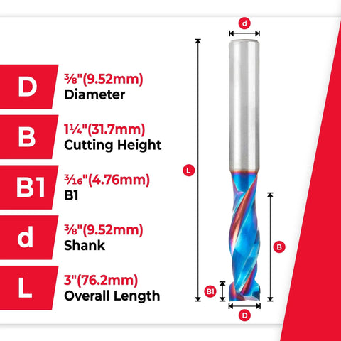 3/8 Inch Shank CNC Solid Carbide Spektra Extreme Tool Life Coated Mortise Compression Router Bit, multiple dimensions labeled