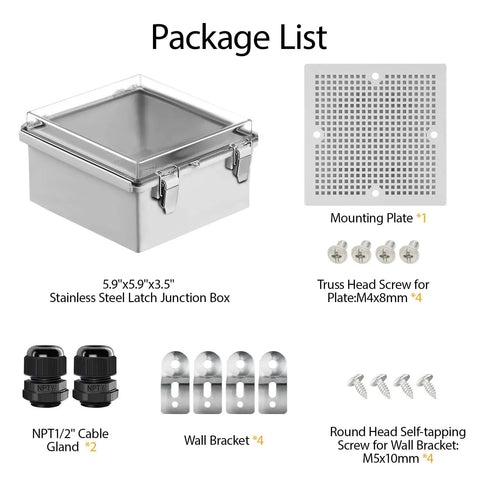 IP67 Waterproof ABS Plastic Junction Box With Clear Hinged Cover And Stainless Steel Latch, Heavy Duty Electrical Enclosure with Accessories