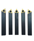 Five 1/2-inch shank turning tool holders with gold carbide indexable inserts (front view)