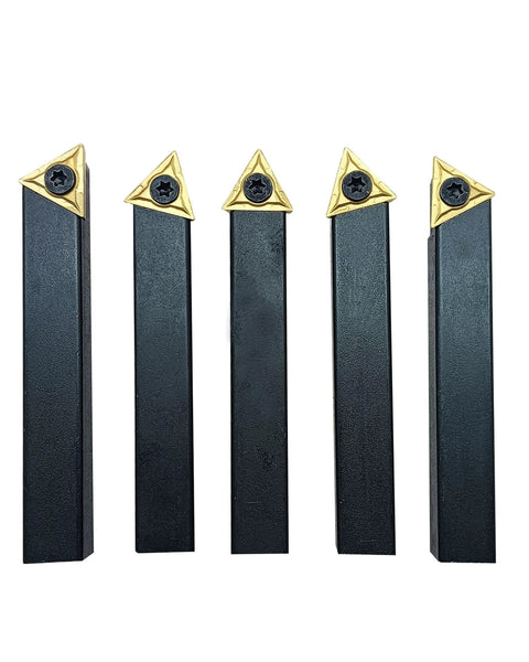 Five 1/2-inch shank turning tool holders with gold carbide indexable inserts (front view)