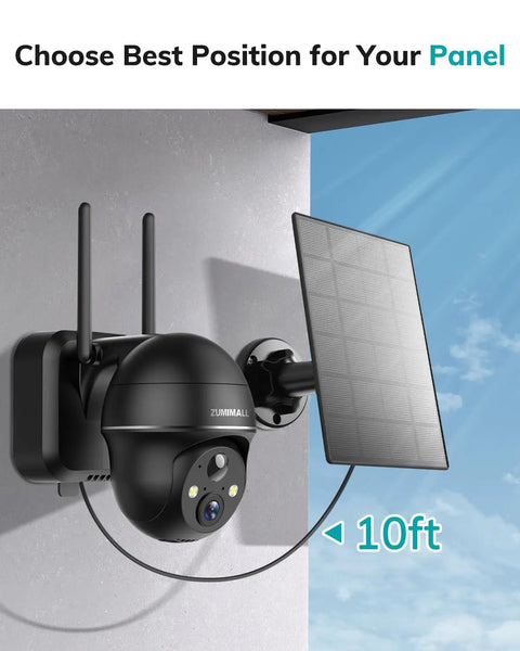 Three-Watt Solar Panel For Outdoor Wireless Cams Keeps Your Security Cam Charged All Day IP66 Waterproof Solar Charger with 10ft cable mounted on wall next to camera